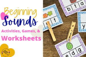Beginning Sounds Activities, Games, & Worksheets with a picture of beginning sound clip cards